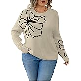 RoseSeek Women's Plus Size Floral Sweater Crew Neck Long Sleeve Pullover Sweaters Fall Jumper