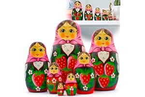 AEVVV Nesting Dolls Set of 7 pcs - Russian Doll in Pink Head Scarf and Sarafan Dress with Hand Painted Strawberry Decorations - Matryoshka Nesting Dolls
