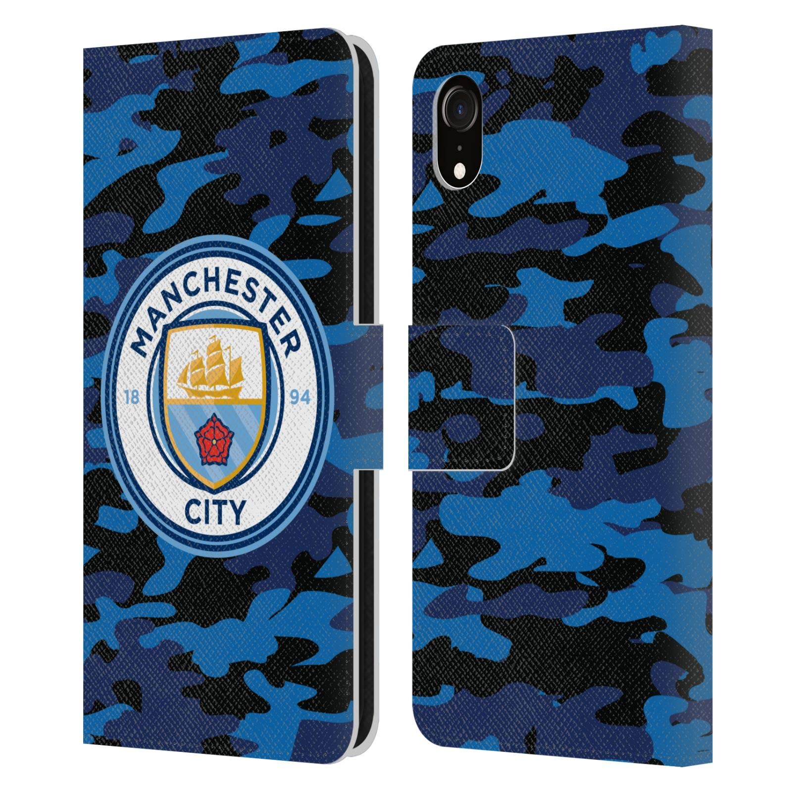 Head Case Designs Officially Licensed Manchester City Man City FC Dark Blue Moon Badge Camou Leather Book Wallet Case Cover Compatible With Apple iPhone XR — image 1