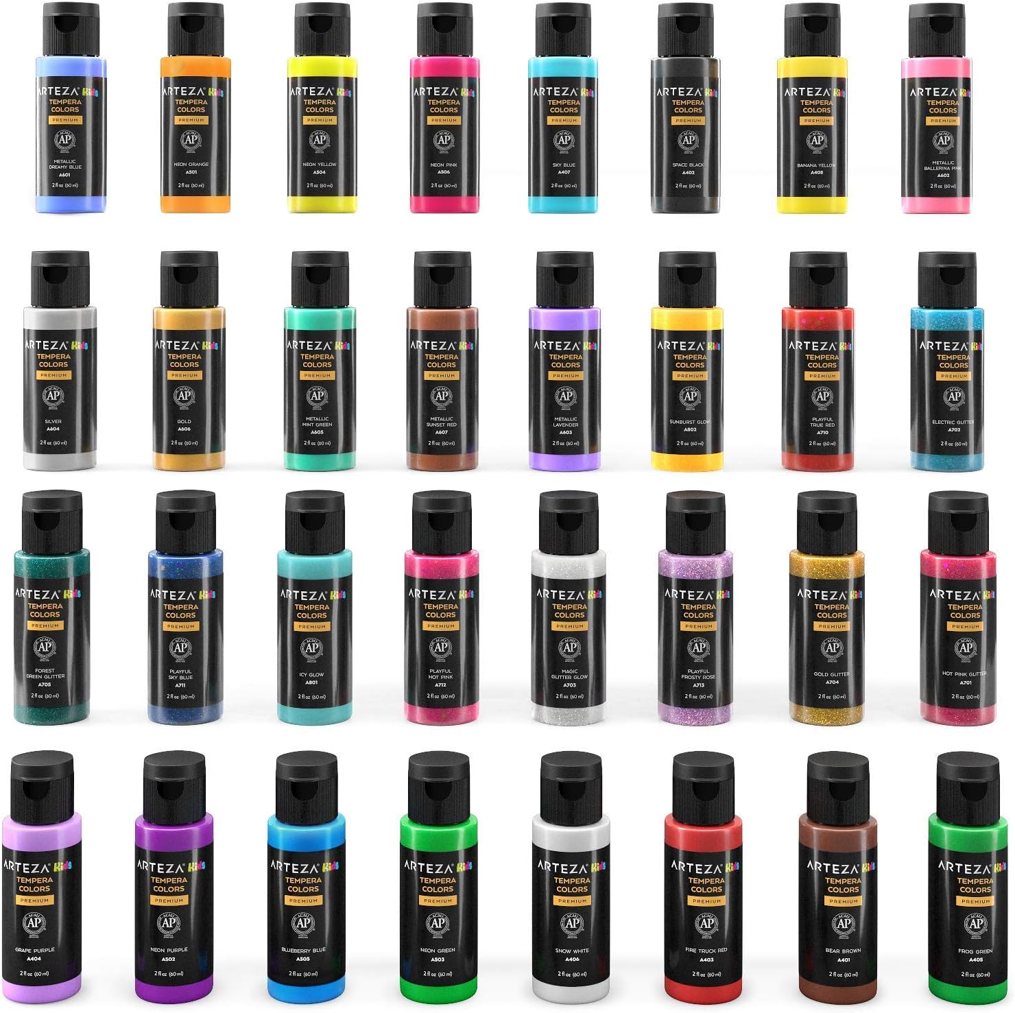 Arteza Tempera Washable Paint for Kids, Set of 32, 2.03oz/60ml Bottles, Poster Paint for Craft Projects, Sponge Painting & Finger Painting, Includes Neon, Glitter & Glow-in-The-Dark: Home Improvement