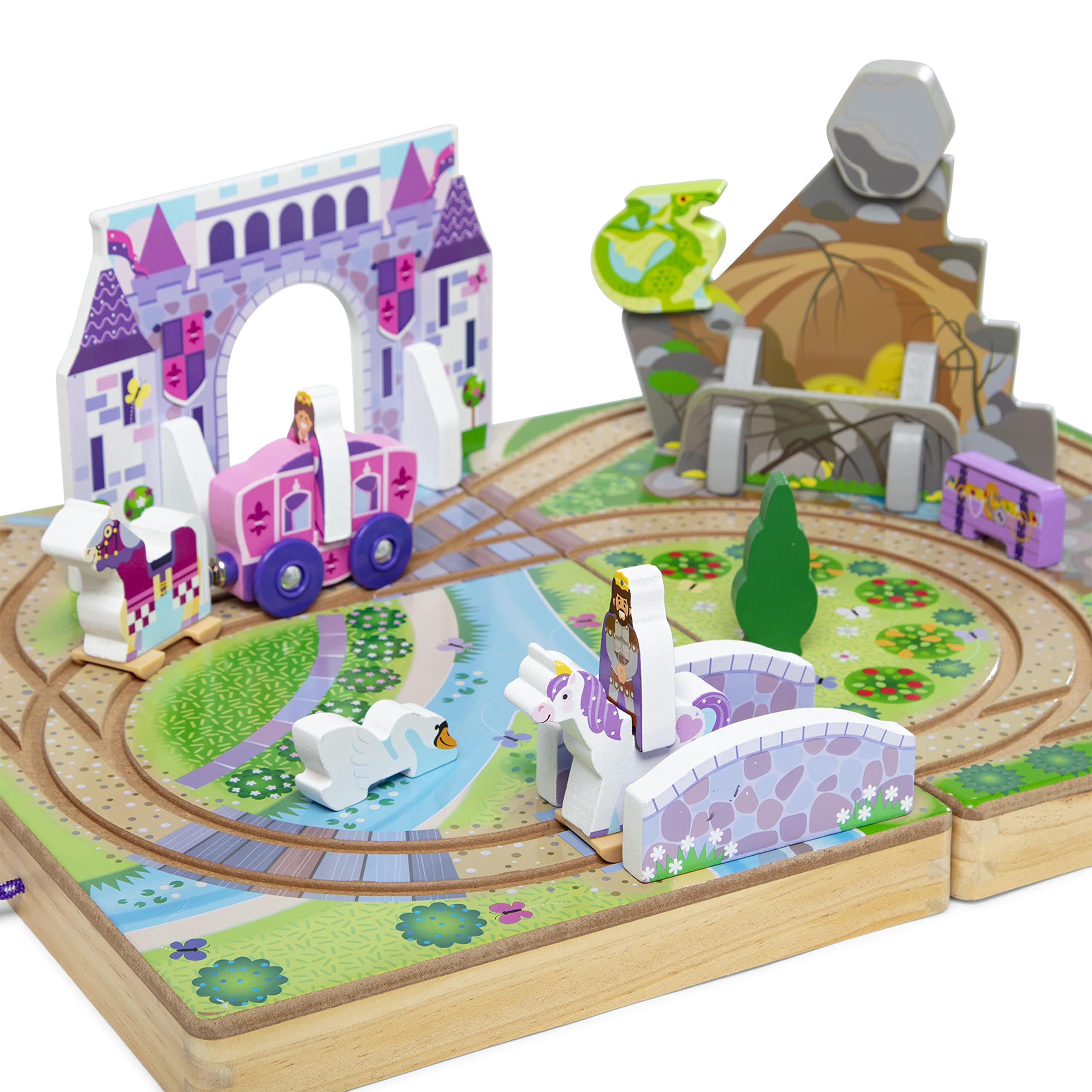 Melissa & Doug 19-Piece Wooden Take-Along Tabletop Kingdom – Carriage, Horse, Unicorn, Dragon, More
