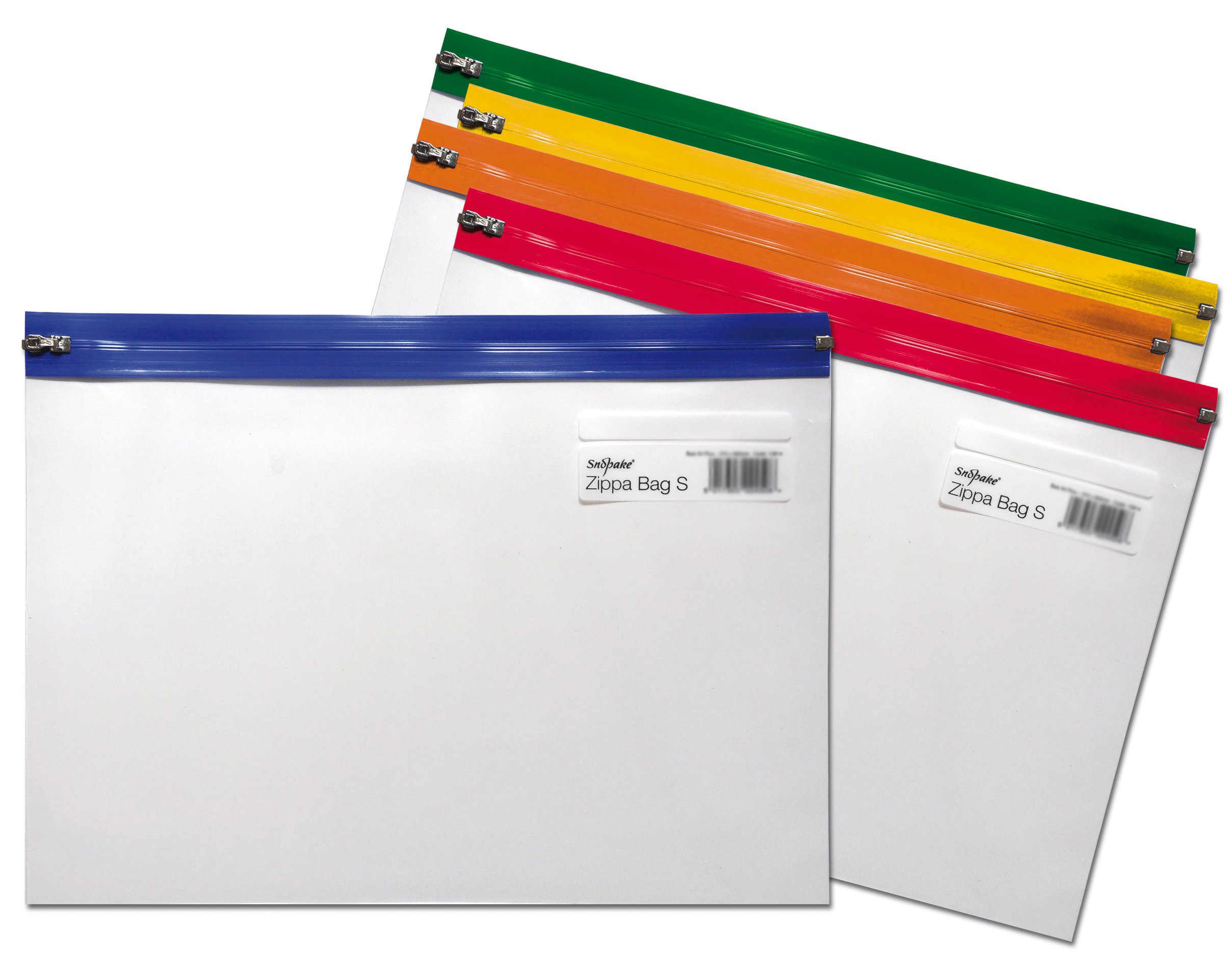 Snopake A4 Plus Plus Zippa-Bag ‘S’ Classic with Write-On Label [Pack of 5] 405 x 260 mm – Transparent/Assorted Zip Strips [Ref: 12821]