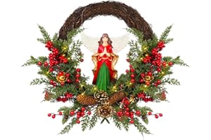 LITTLE GLEE Christmas Wreath Artificial Wreath with a Natural Resin Angel and Red Berries, Suitable for Luxurious Indoor and Outdoor Home Decoration