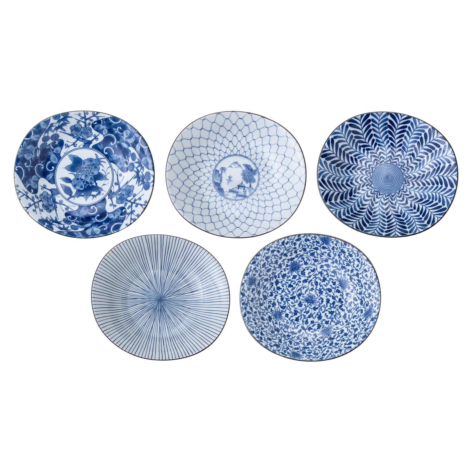 Traditional Japanese Hasami-yaki Porcelain Plates Set of 5 Made in Japan Sometsuke Indigo Blue 31302