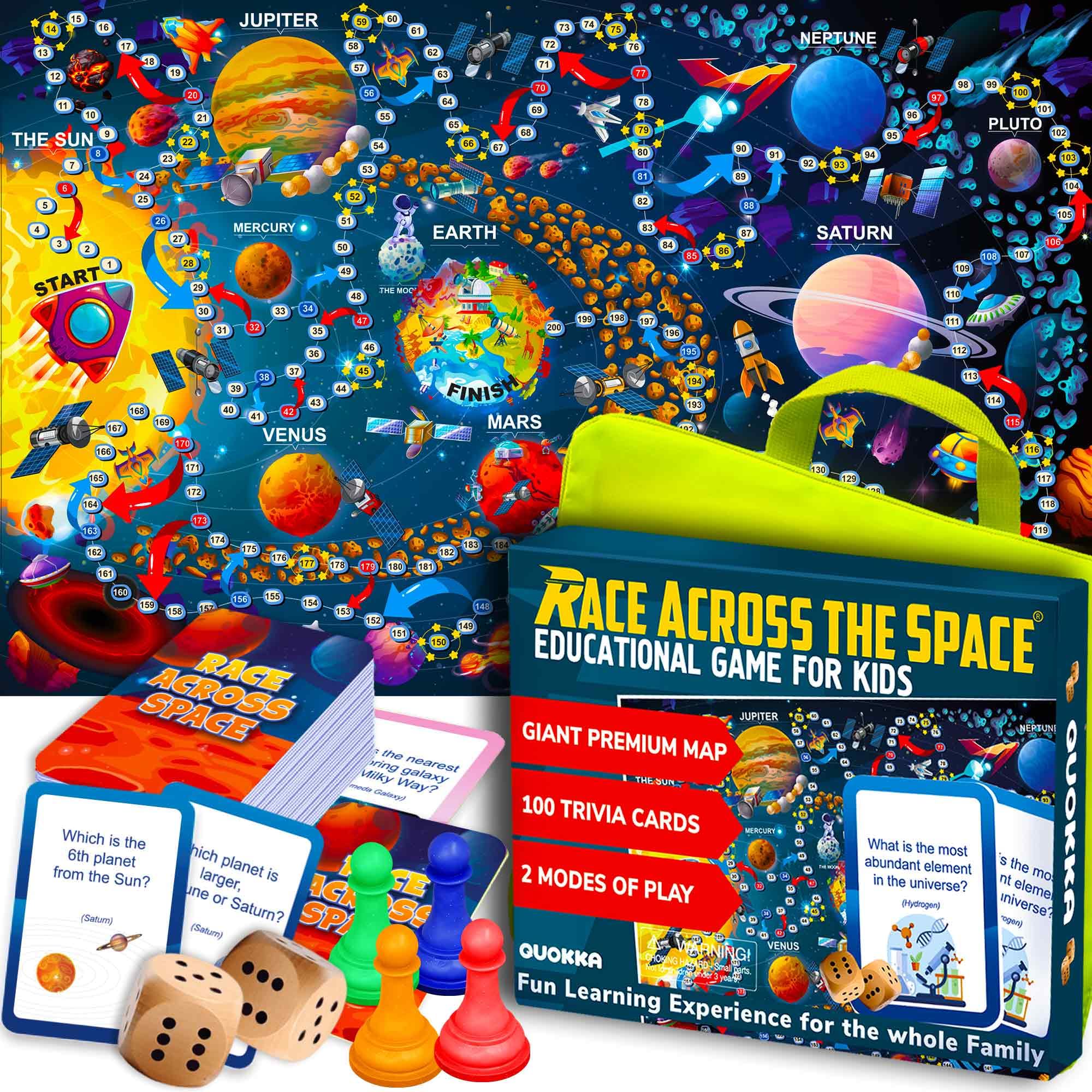 QUOKKA Family Board Games For Kids And Adults - 1 to 10 Players - Learning - Educational - Space - Solar System - 100 Question Cards, Top Facts - Indoor, Outdoor Games - Kids Teens Adults Family