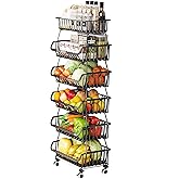 MURRI&MURRDI Fruit Vegetable Storage Baskets with Wheels, 6 Tier Stackable Wire Storage Baskets, Tall Standing Produce Kitchen Rack, Narrow Rolling Cart for Pantry Snack Onion Potato, Black