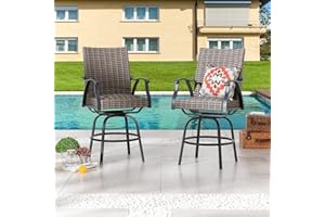 Festival Depot 2pcs Patio Bar Height Stools Rattan Wicker High Back 360° Swivel Chairs Patio Dining Chairs Metal Outdoor Furniture with Soft Seat Cushion for Bistro Lawn Garden Pool