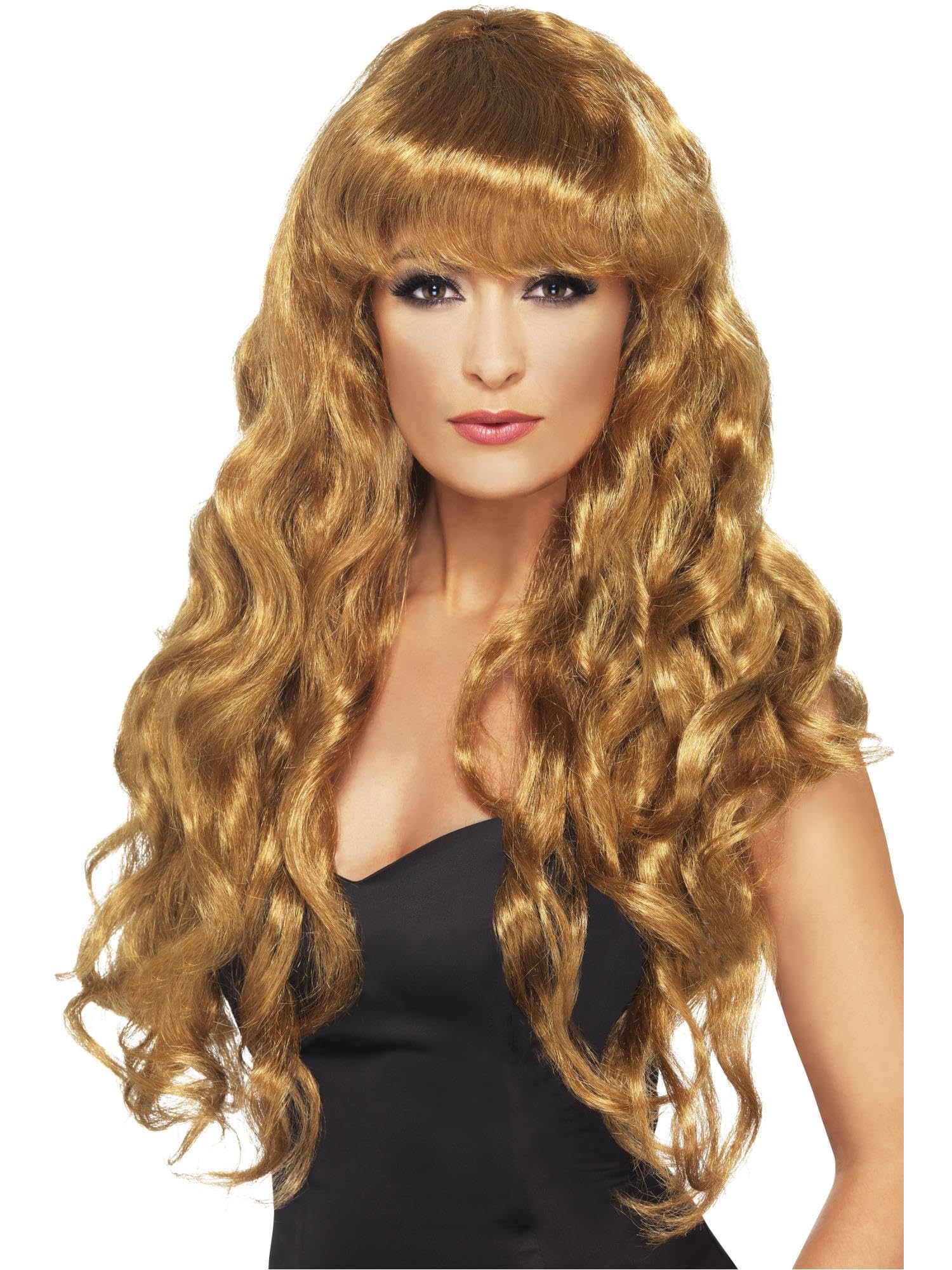 Smiffys Siren Wig, Brown Long, Curly with Fringe, Ladies Glamour Wigs Fancy Dress, Adult Dress Up Wigs Halloween — image 1