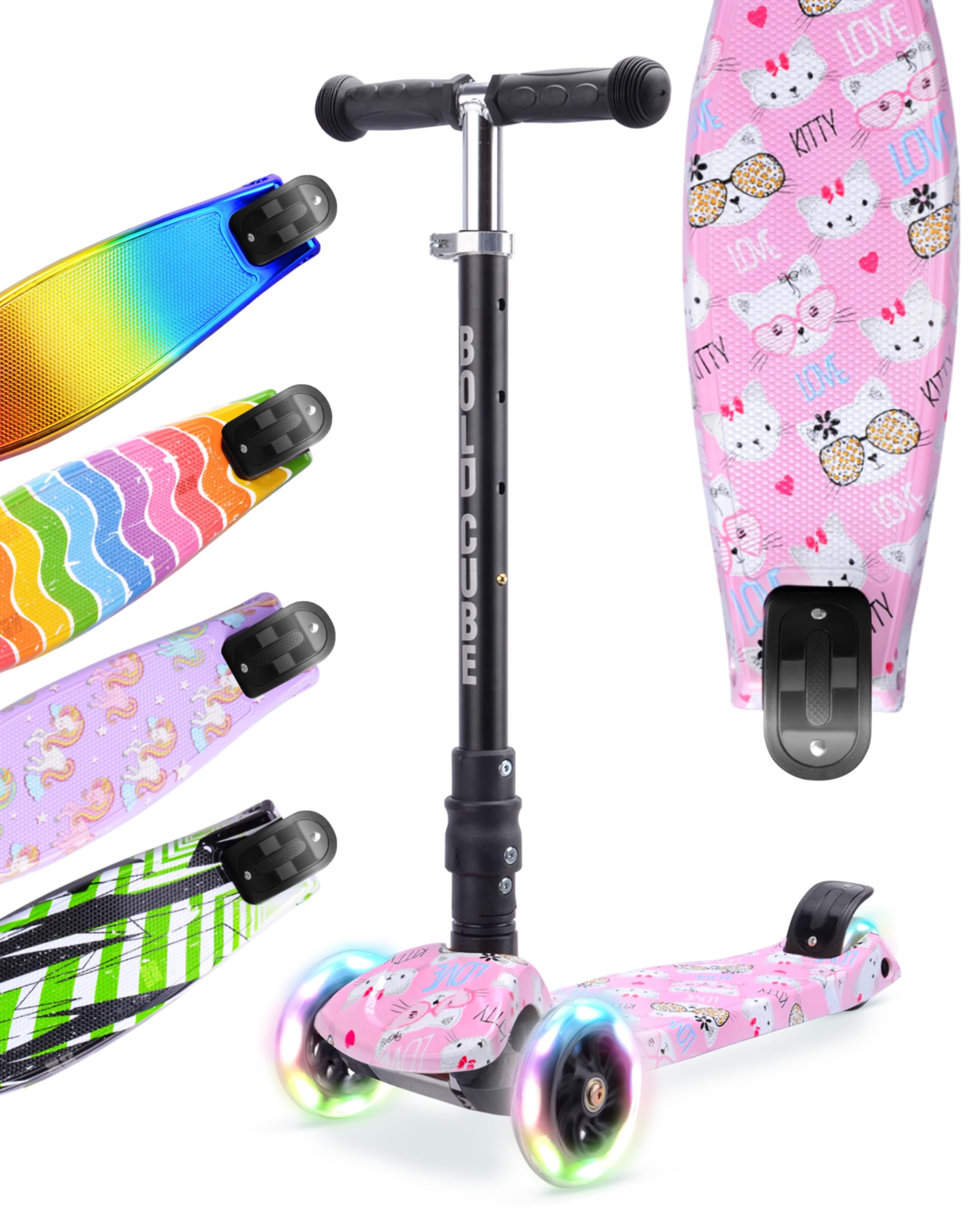 BOLDCUBE Big Fold Kitty Love | Three Wheel Scooter for Children Ages 5-10 Years | LED Wheels with Flashing Lights | Height Adjustable 65 to 89 cm | Rear Reflectors
