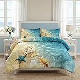 WeCozy Full Size Comforter Set with 2 Pillowcases, Summer Marine Seashell Starfish Beach Ocean 3 Pcs Soft Bedding for Kids and Adults Bedroom Bed Decor