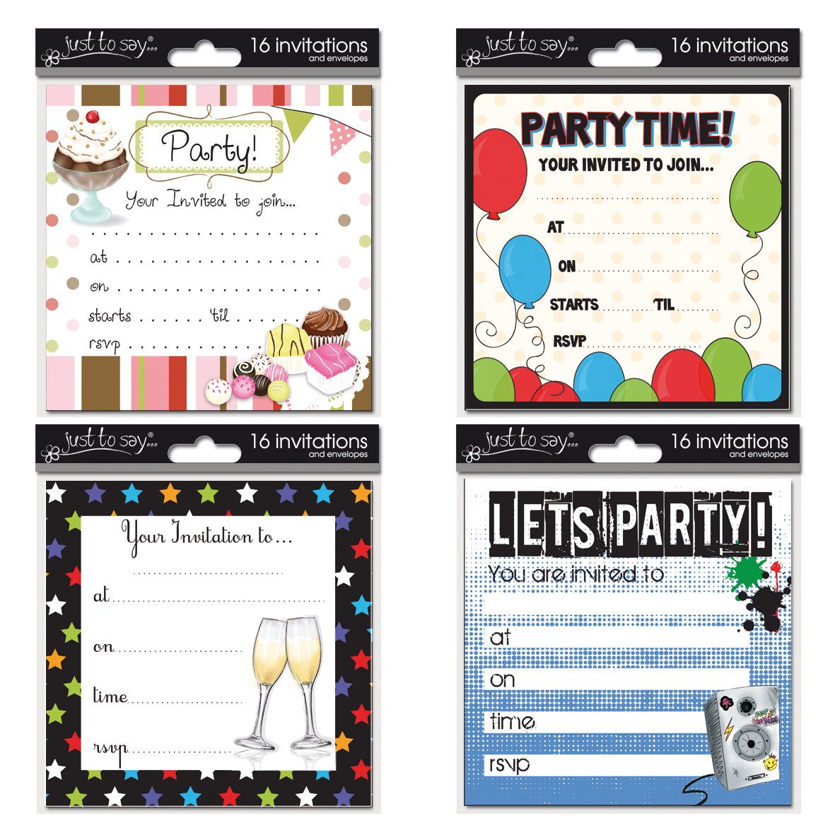 Tallon Just to Say Adult 4 Design Invitation Card - Assorted Colours (Box of 16)