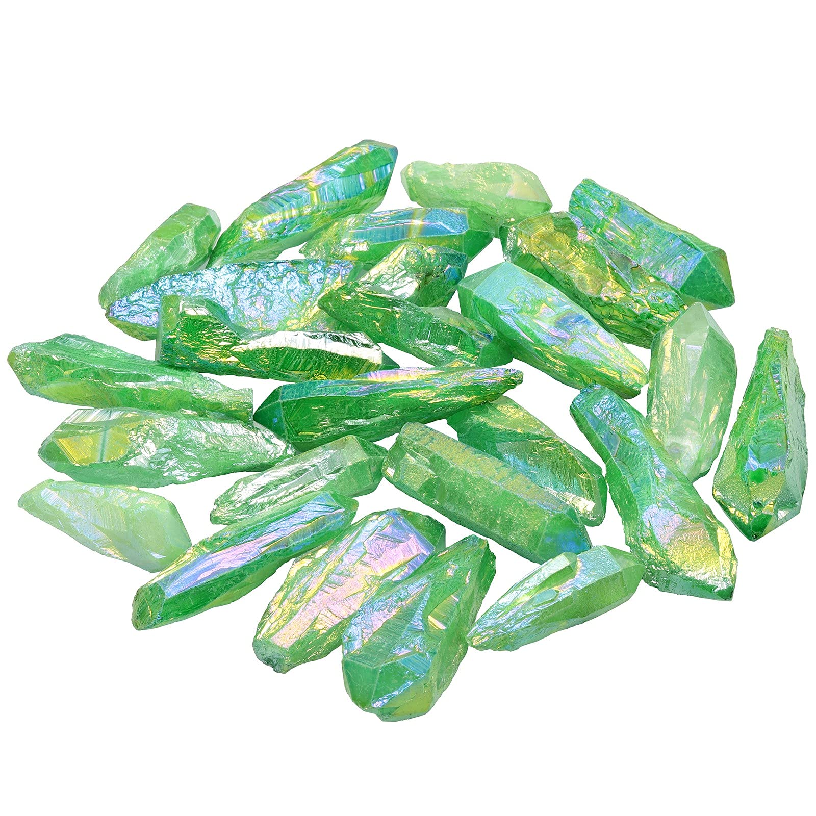 KYEYGWO 1 lb Titanium Coated Raw Rock Crystal Points Bulk Irregular Rough Quartz Stone Wands Kit Without Drilled for Jewellery Making DIY Art Craft, Green