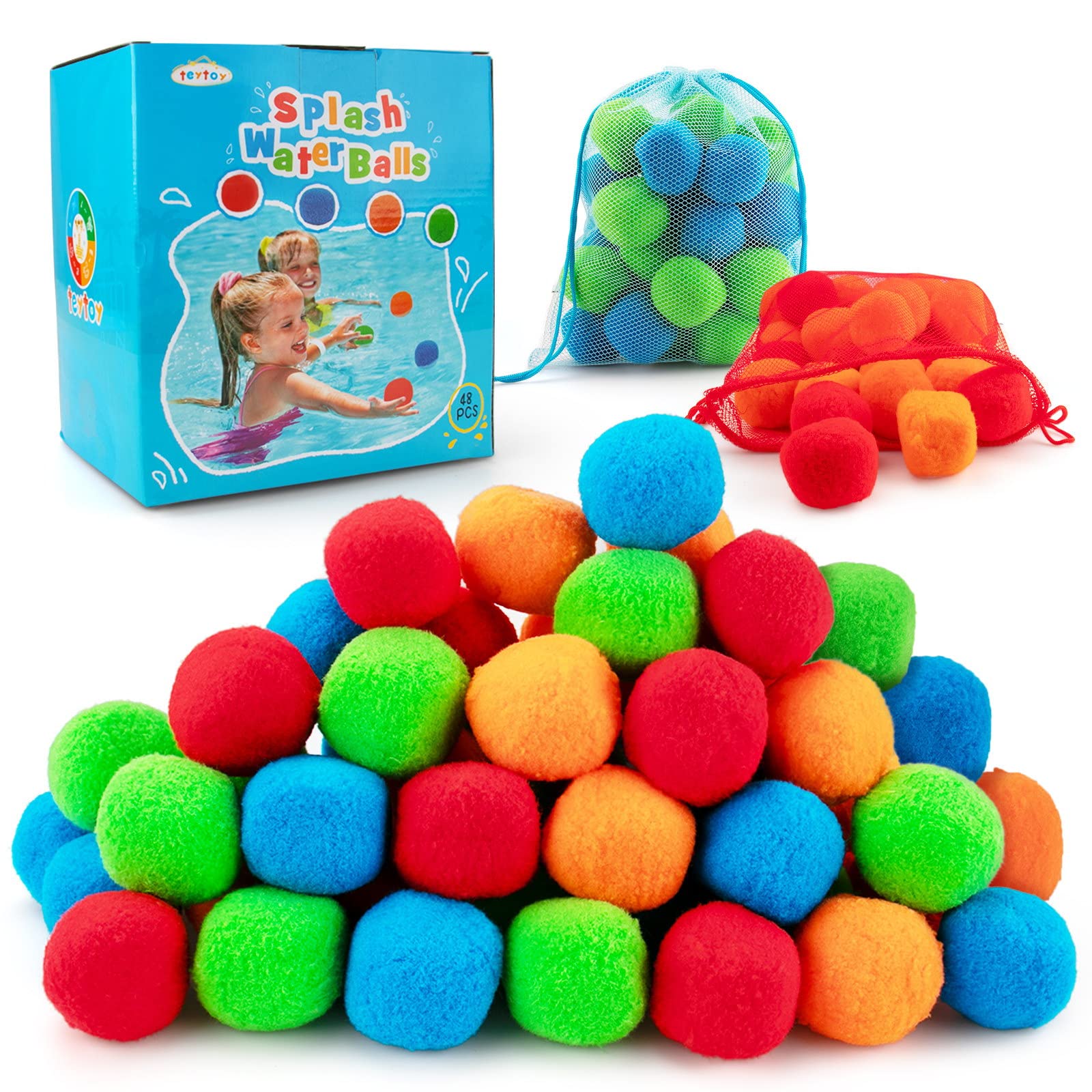 teytoy 48 Pack Reusable Water Balls with 2 Mesh Pockets Outdoor Toys and Games for Kids, Toddlers, Girls and Boys Splash Soaker Bomb Ball Summer Outdoor Activities Toys for Pool and Backyard