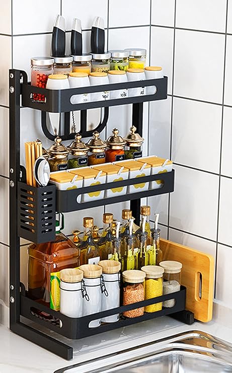 Amazon 調味料ラック 調味料収納ラック スパイスラック 3段式 箸立て 包丁立て 大容量 キッチン 台所収納 滑り止め 防汚 防錆 防油 省スペース 組み立てが簡単 ブラック3段 調味料 スパイスラック オンライン通販