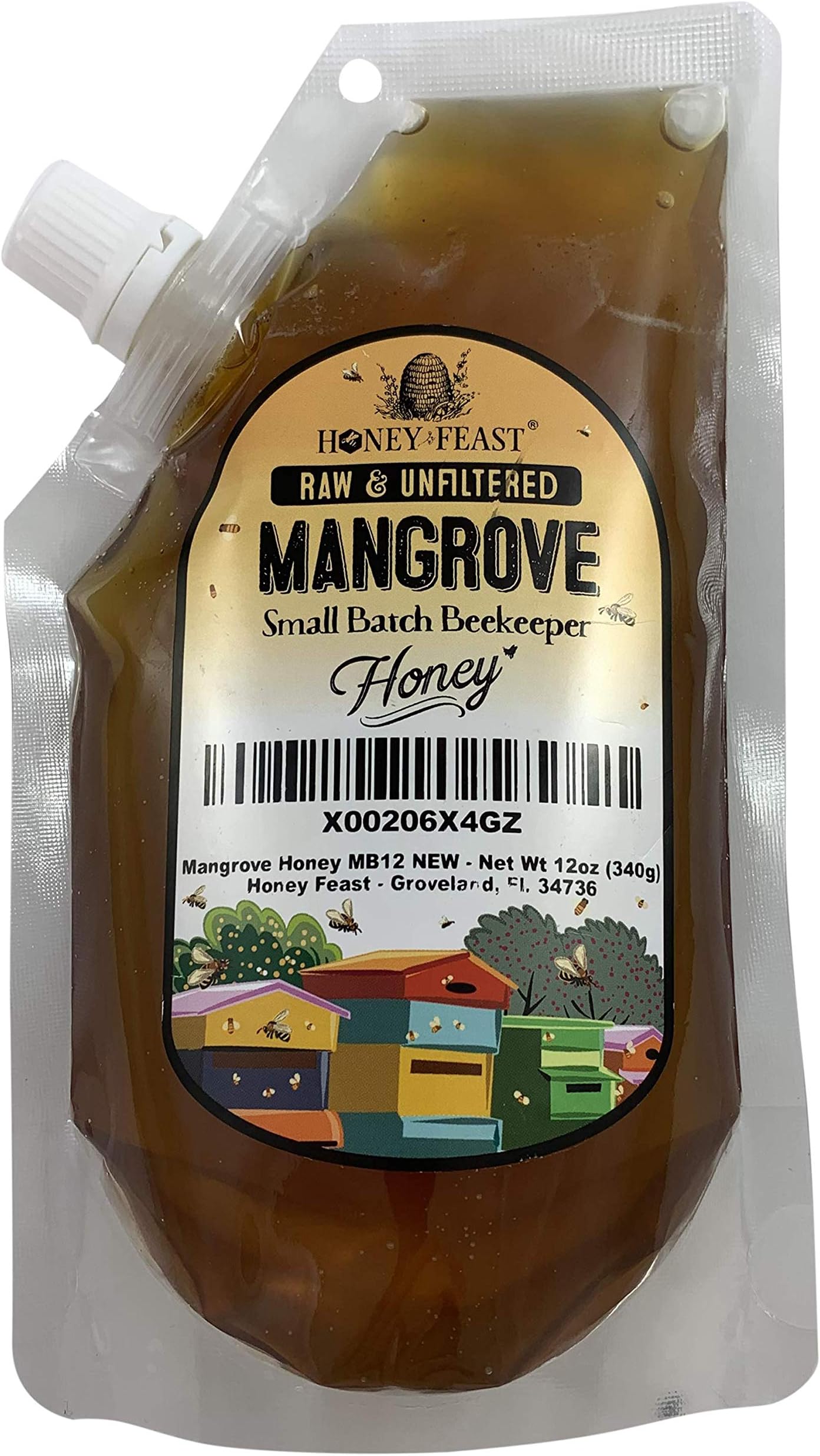 Honey Feast - Florida Beach Mangrove Honey |American Organic floral sources | 12 ounce squeeze pouch | Unfiltered & Pure | Local honey to Sanibel Island, Port Charlotte, Melbourne and Cocoa Beach.