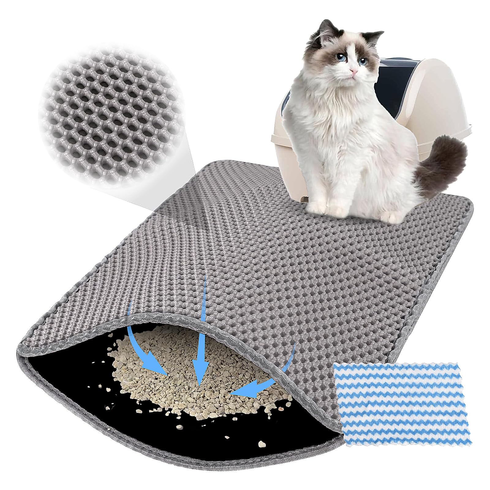 Grey Nonslip Cat Litter Mat, 60 x 45 cm Washable Cat Litter EVA Mat, Double Layer Waterproof Litter Trapping Mat with Cleaning Cloth, Honeycomb Large Holes Design Cat Litter Mat for Splash Prevention