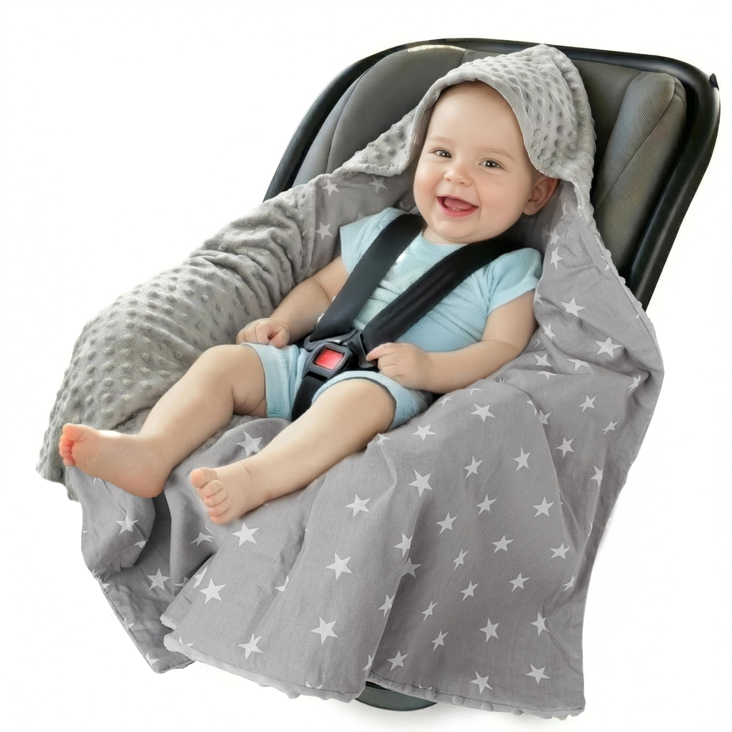 Medi Partners Swaddling Blanket 100% Cotton 85x85cm Double-Sided Multifunctional Plush Blanket With a hood for Pushchairs Soft Fluffy (White stars grey Minky)