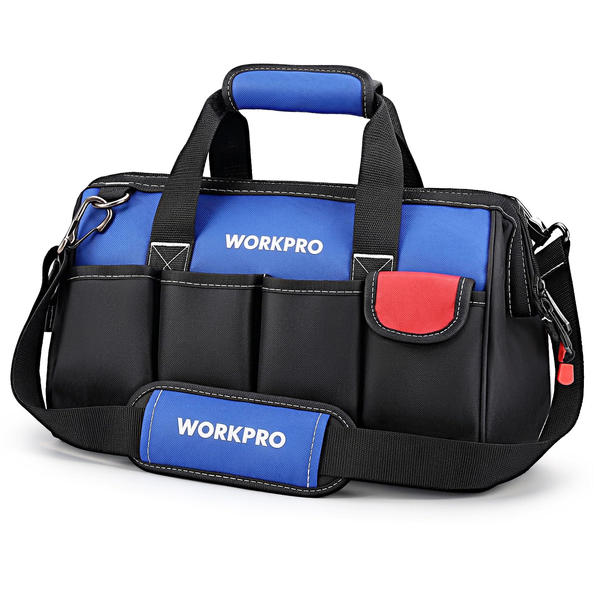 WORKPRO 14-inch, Small Tool Bag Organiser, Multi-Purpose Wide Open Mouth Storage Bag, Waterproof Electricians Tool Bag with Adjustable Shoulder Strap