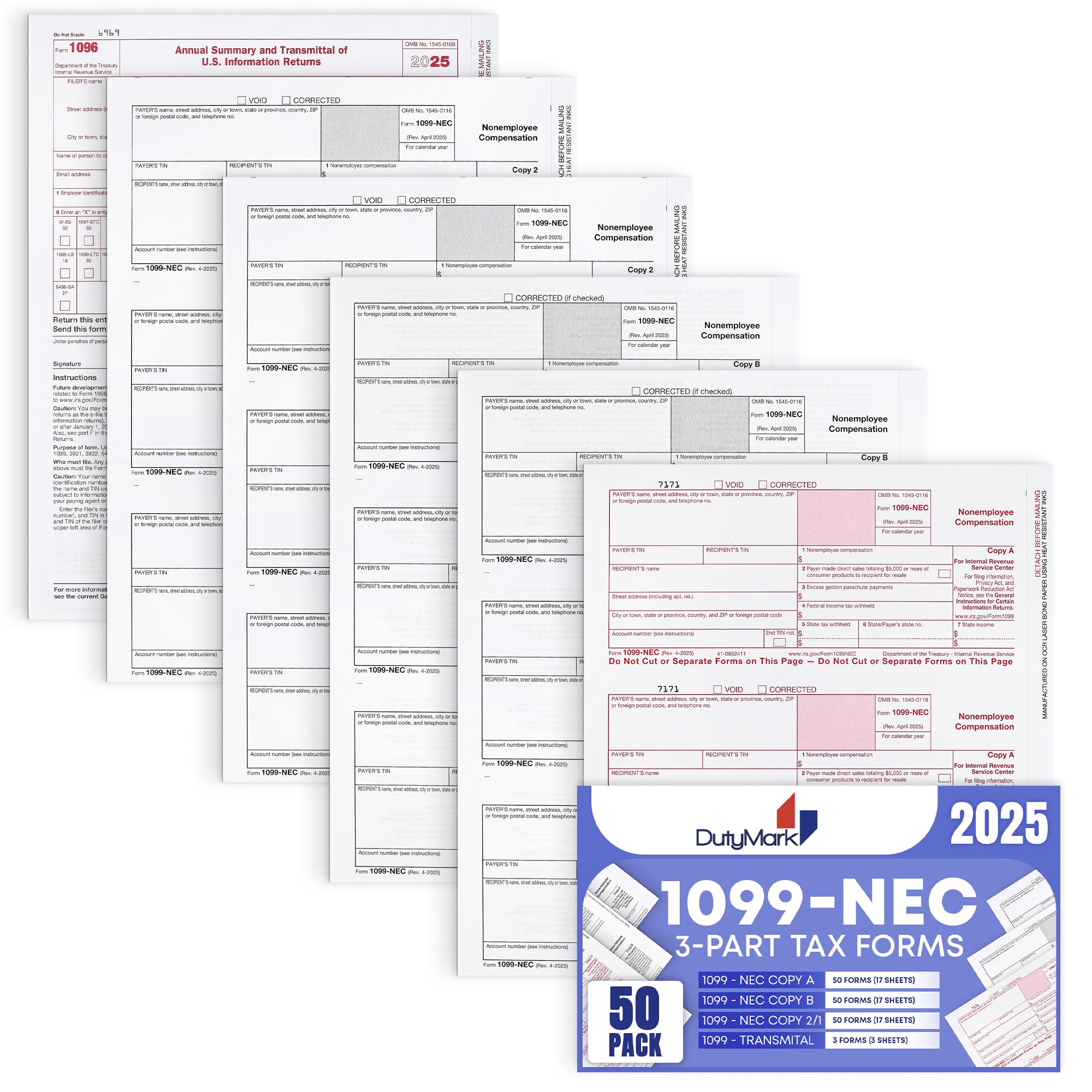 Photo 1 of 1099 NEC Forms 2025, 50 Pack 4 Part Laser Tax Forms Kit Pack of Federal/State Copy's, 1096's –Great for QuickBooks and Accounting Software, [NO Envelopes] 2025 1099-NEC, 50 Pack