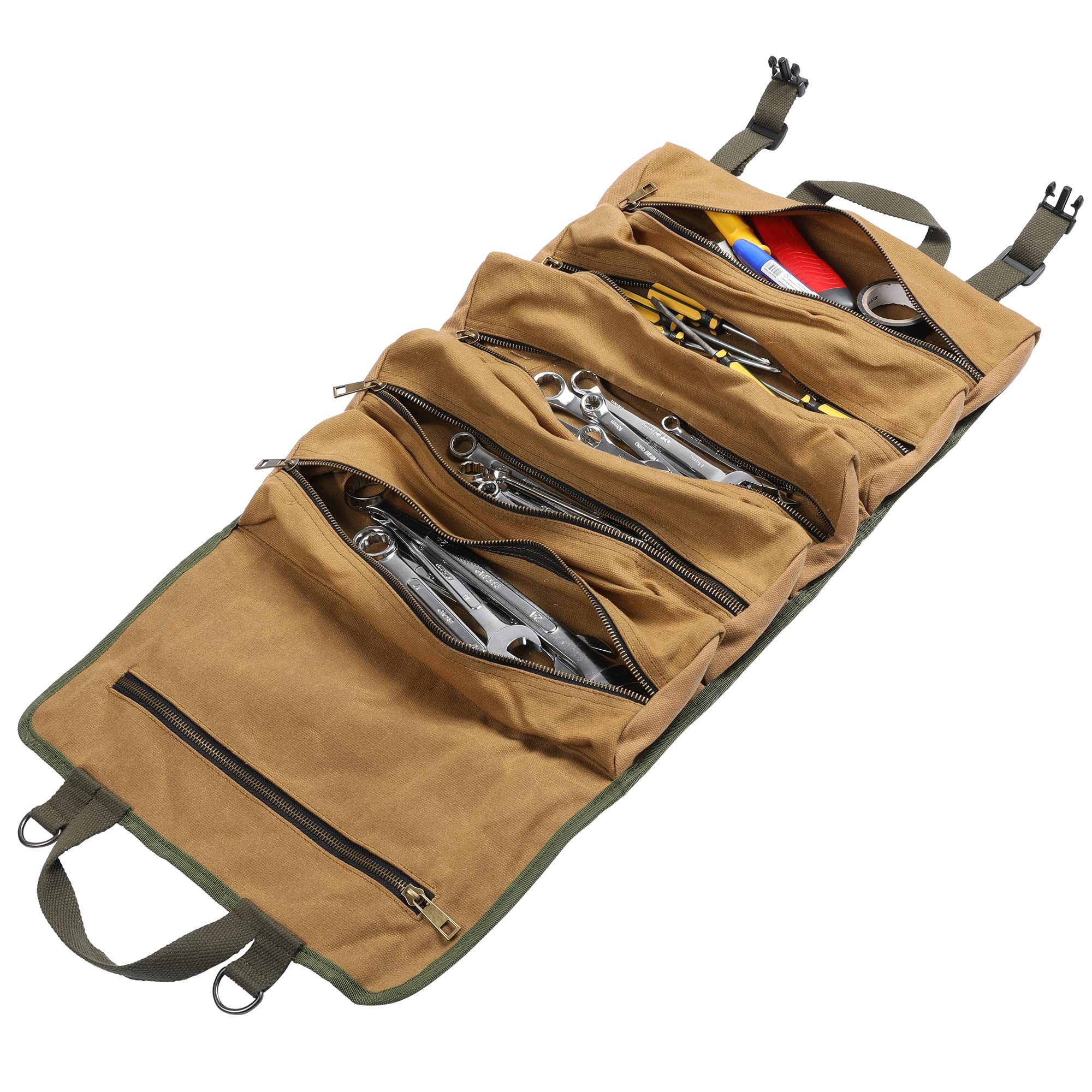 Tool Roll Bag, Heavy Duty 16oz Waxed Canvas Tool Roll, Large Wrench Roll with 6 Zippered Pockets - Khaki - Multifunctional Roll Up Bag | 68x35cm — image 1