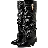 CDHYX Fold Over Boots for Women Pointy Pull-on Wedge Heel Knee Shark Boot With Side Zipper Padlock Design