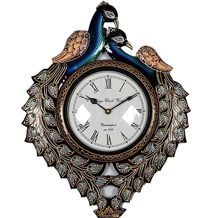 Home Decorative Items in Living Room, Bedroom | Jaipur House Handicraft Gifts Wooden Multicolor Peacock Design Wall Clock (Product Dimensions: (inches) 13 x 1 x 16)