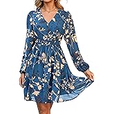Simplee Womens Floral Mini Dress Long Sleeve Casual V Neck Chiffon Modest Boho Flowy Fall Wedding Guest Dresses