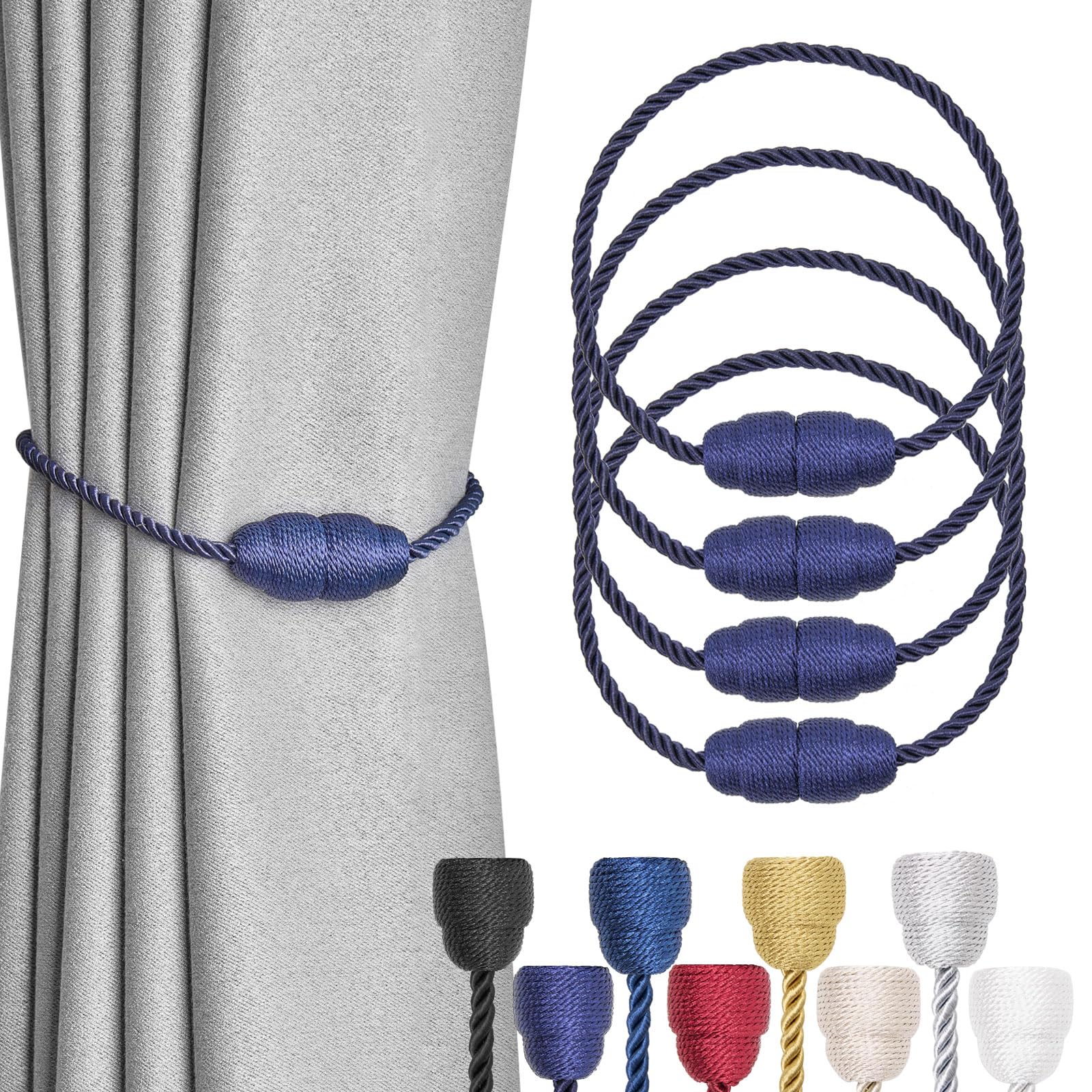 Pretty Jolly 4 Pack Strong Magnetic Curtain Tiebacks Handmade Weave Side Rope Curtain Holdbacks Unique & Elegant Decorative Curtain Drape Tie Backs for Home & Office Window Drapery (Dark Blue)