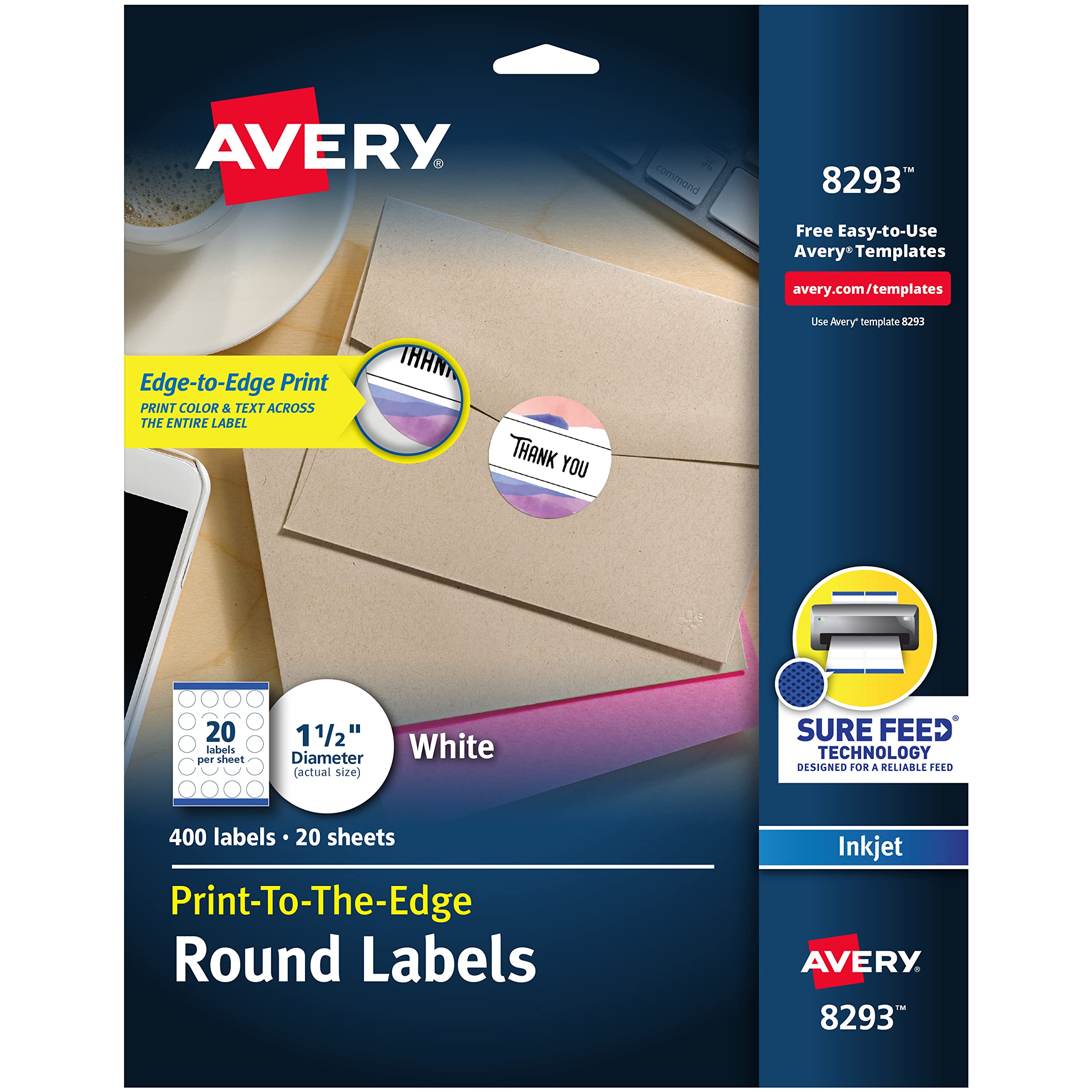 Photo 1 of Avery Matte White Round Labels, Sure Feed Technology, Permanent Adhesive, 1-1/2", 400 Labels (8293)