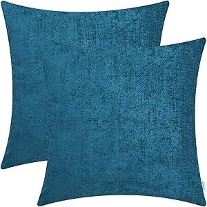 CaliTime Pack of 2 Cozy Throw Pillow Covers Cases for Couch Sofa Home Decoration Solid Dyed Soft Chenille 20 X 20 Inches Ocean Blue