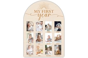 SIXEIGHT One Year of Wood Photo Board, My First Year Milestone Photo Board, 12 Monthly Baby Picture Frame, One in The Sun Nursery Decor, Girl Boy 1st Birthday Decorations, Baby Keepsake Best Gift-A12
