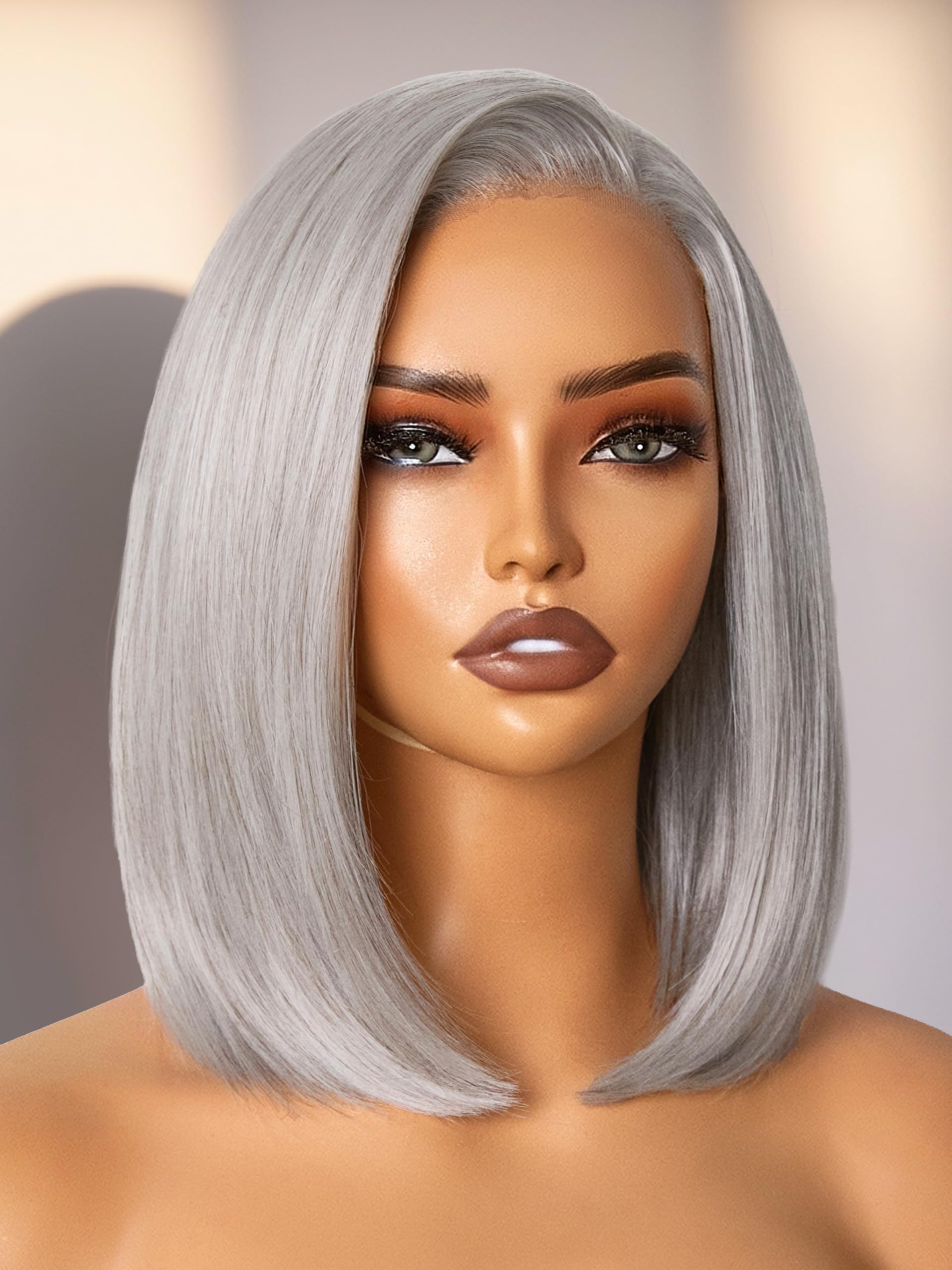 Photo 1 of GORGIUS Silver Bob Wig with Grey Highlights Glueless Straight Short Synthetic Lace Front Wigs For Women Pre Cut Pre Plucked Side Part Hairline 12 Inch