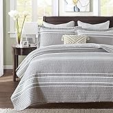 SahSahCasa Quilt Queen Size, Queen Quilt Set, 100% Cotton Queen Quilt Bedding Set Bedspreads, Lightweight Reversible Striped Pinstripe Quilts Bedspread for Queen Bed, All Season, Gray/White, 3-Piece
