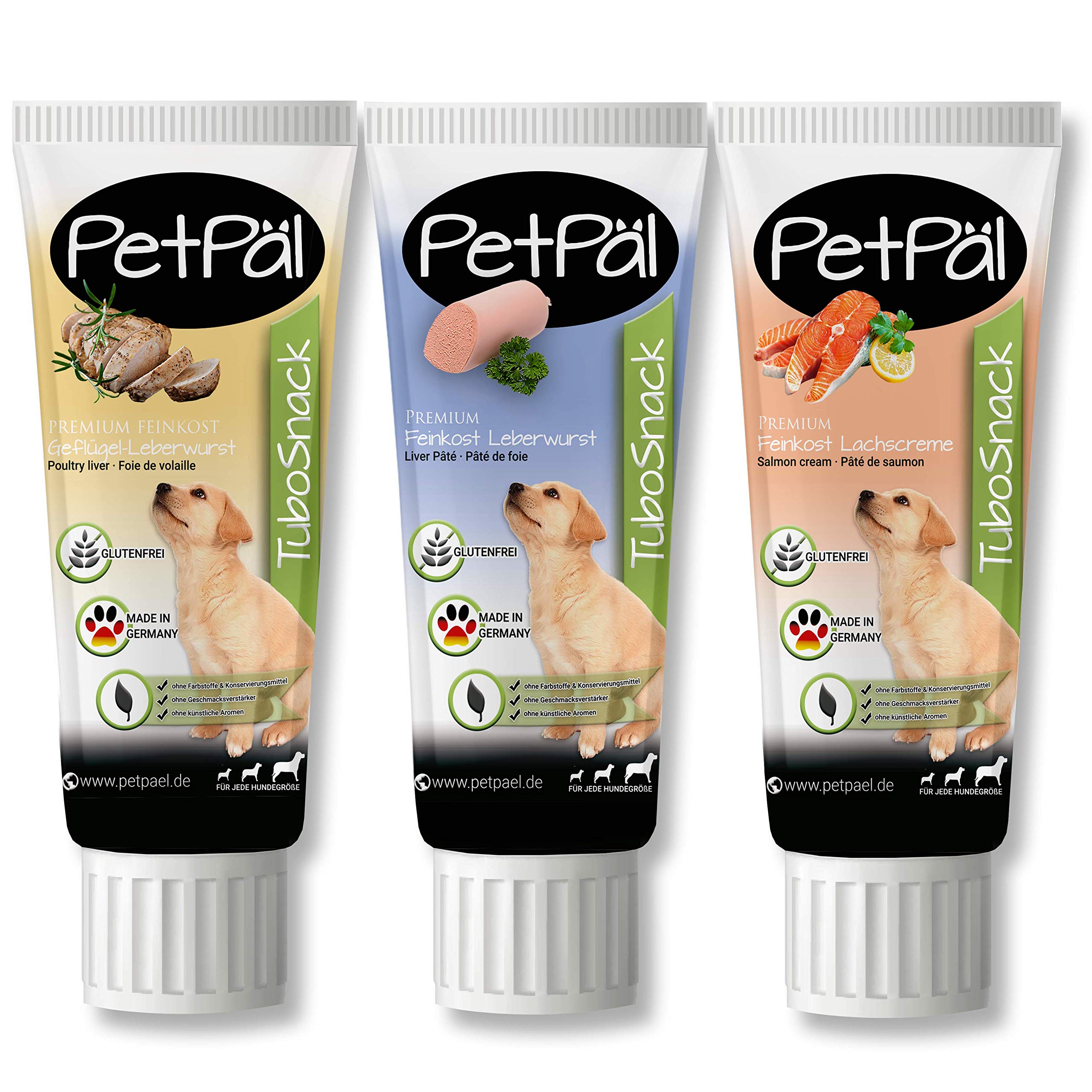 PetPäl Tasting Set Dog Snack “TuboSnack“ - 3x 75g | Premium Treats: Liver Sausage, Poultry Paste, Salmon-Cream | 100% Natural | Grain, Salt & Sugar Free | Easy to Dose | Made in Germany