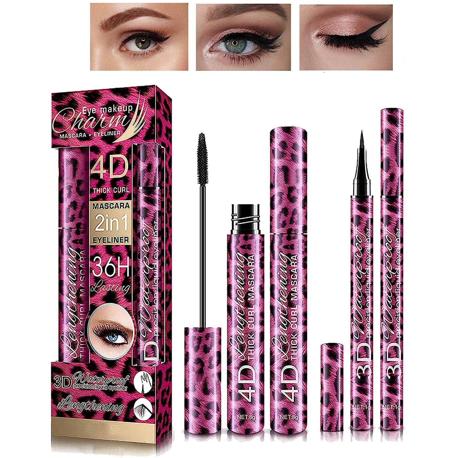 4D Silk Fiber Eyelash Mascara & Eyeliner Kit, 4D Eyelash Mascara with Liquid Eyeliner Kit, Waterproof Sweat-Proof SmudgeProof, for Longer, Thicker, Voluminous Eyelashes Perfect Eyes Makeup-Black