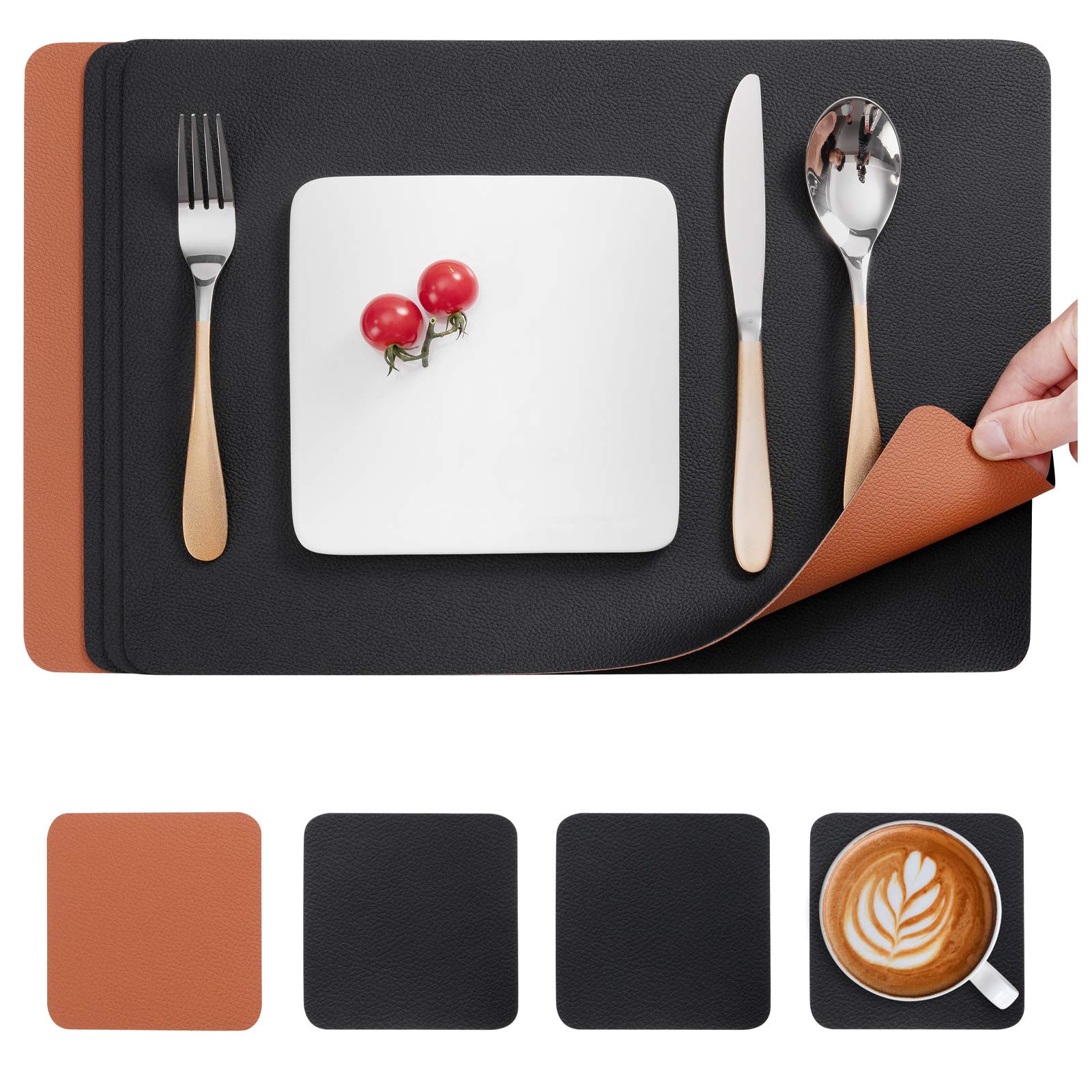 Myir JUN Leather Table Mats and Coasters, Dual-Sided Leather Placemats and Coasters Waterproof Placemats Set of 4 Place Mats Non-Slip Washable Table Mats (Black Brown, Set of 4) — image 1