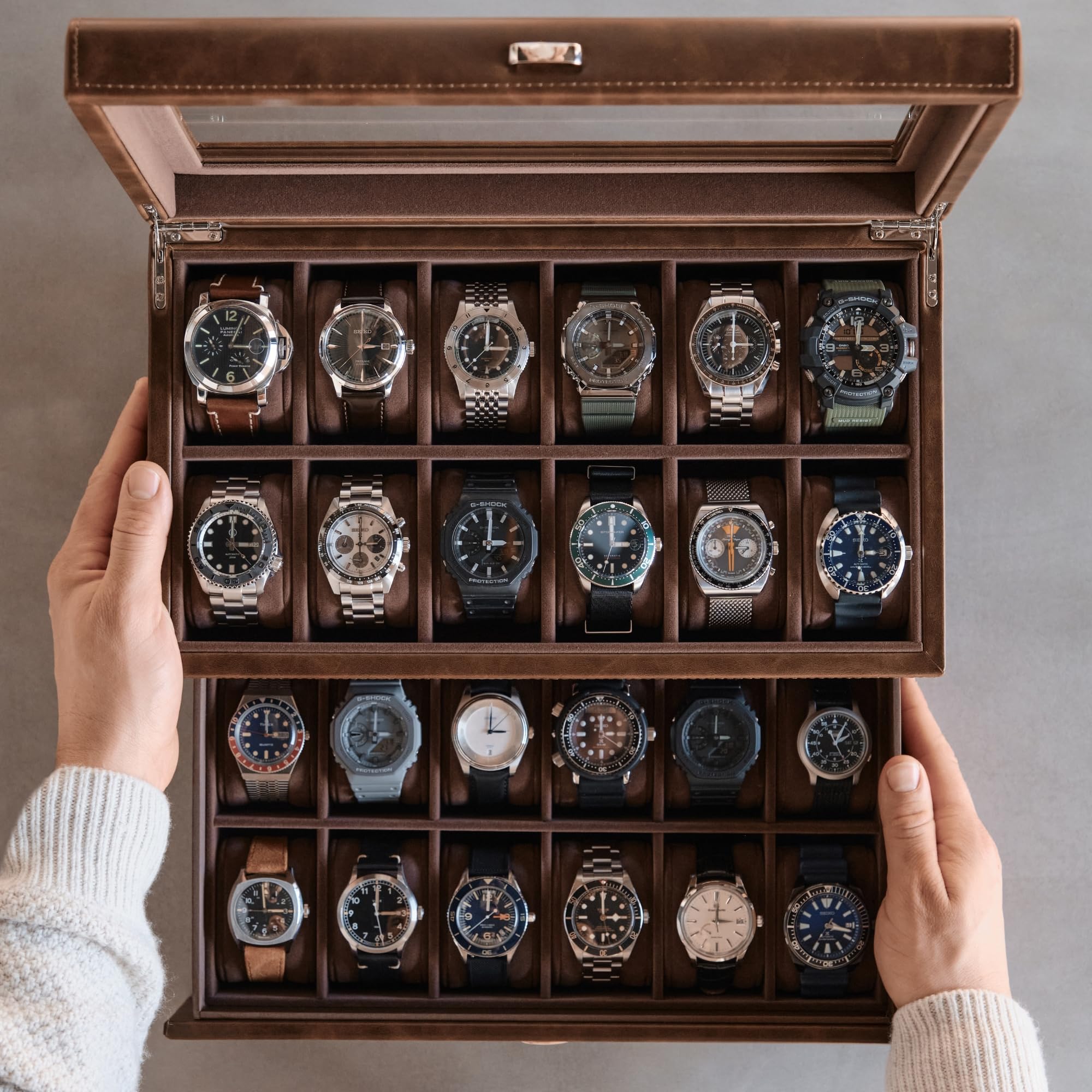 TAWBURY 24 Slot Watch Box for Men - Double-Layer Design for Optimized Storage | Removable Drawer for Easy Handling (Brown)