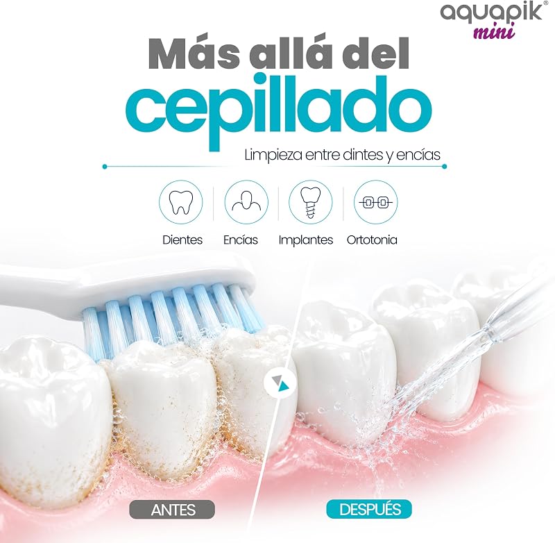 Irrigador dental portátil Aquapik Mini 140 ml | Water flosser recargable USB tipo C | 3 modos presión | limpieza profunda | Ideal para Encías sensibles, ortodoncia e implantes dentales (Azul)
