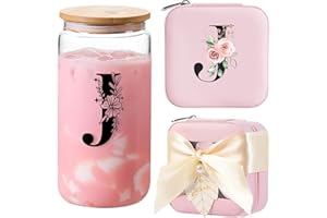 AYGXU Personalized gifts for bridesmaid,16oz glass cups with lid and straw,Jewelry Organizer,Graduation Travel Gifts for Women,Personalized Travel Mini Jewelry Case,Initial J pink