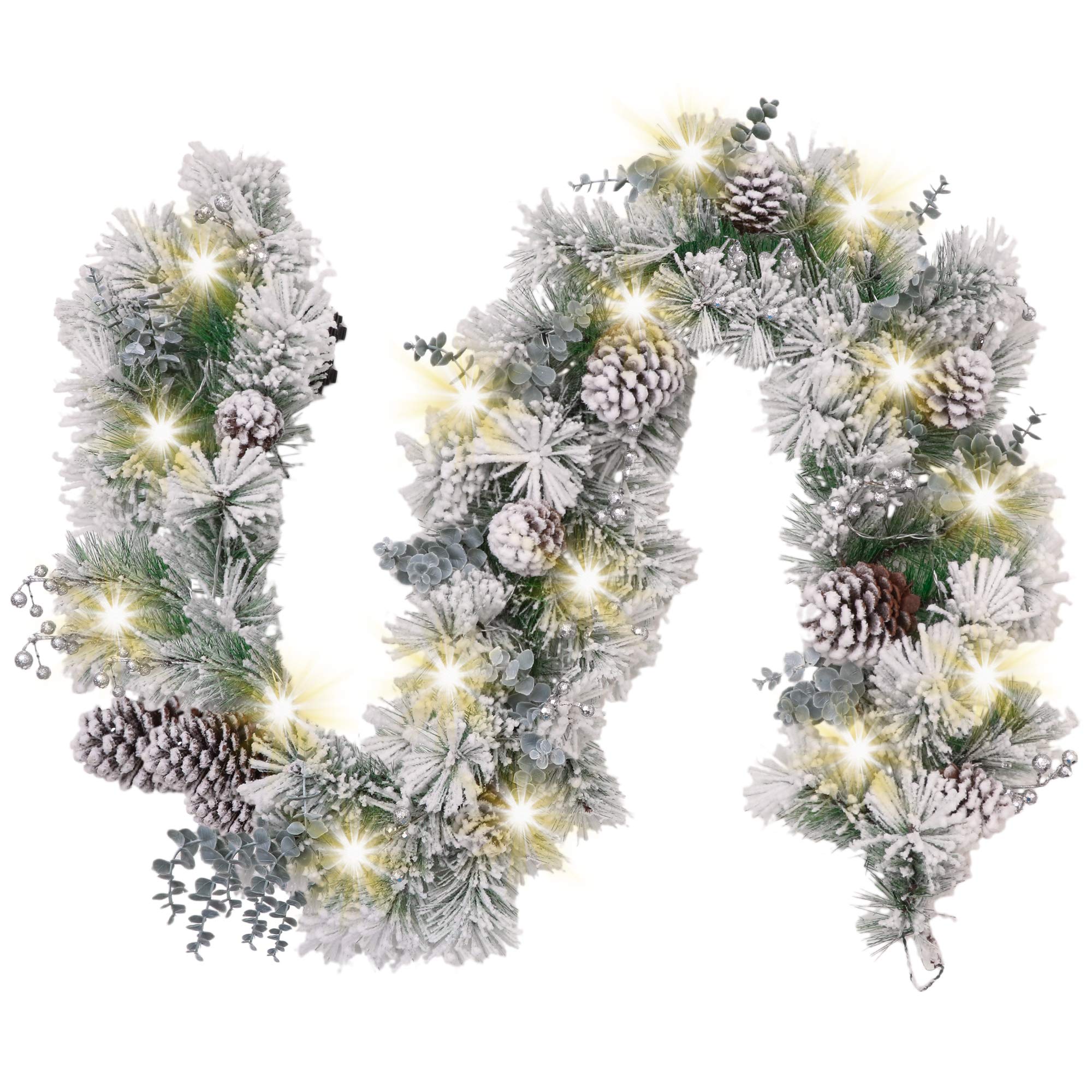 Valery Madelyn 6ft/183cm Pre-Lit Christmas Garland, Silver and White 20 LED Lights with 8 Modes, Includes Pinecone & Berries, Christmas Decoration for Mantel Window Frame (Frozen Winter)
