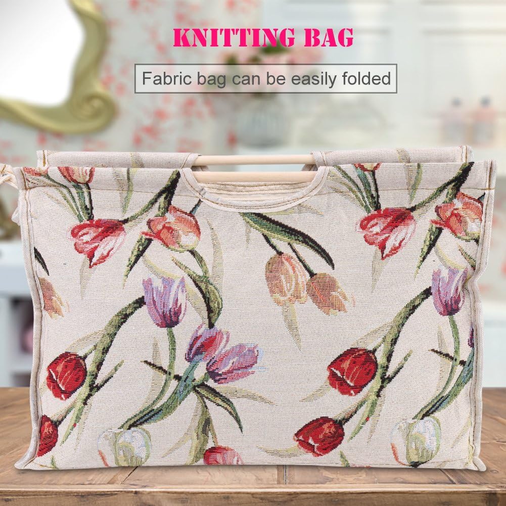 Vikye Knitting Bag, Woven Fabric Storage Bag with Wooden Handle for Sewing Tools for Knitting Needles (Red Flower) - Image 3