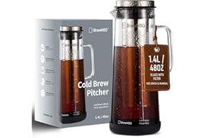 BrewMOO- Airtight Cold Brew Coffee Maker Pitcher, 1.4L/48Oz Thick Glass Carafe with Filter, Comfort Sturdy Handle & Wide Spout, Non-Slip Base | Iced Tea Maker (Black)