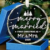 HEXMOZ Wedding Gifts for Couples 2025 - First Christmas Married Glass Ornament, Mr and Mrs Gifts, Wedding Ideas for Newly Wed, Just Married Couple, Bride - Bridal Shower Gift 1st Christmas Merry Decor