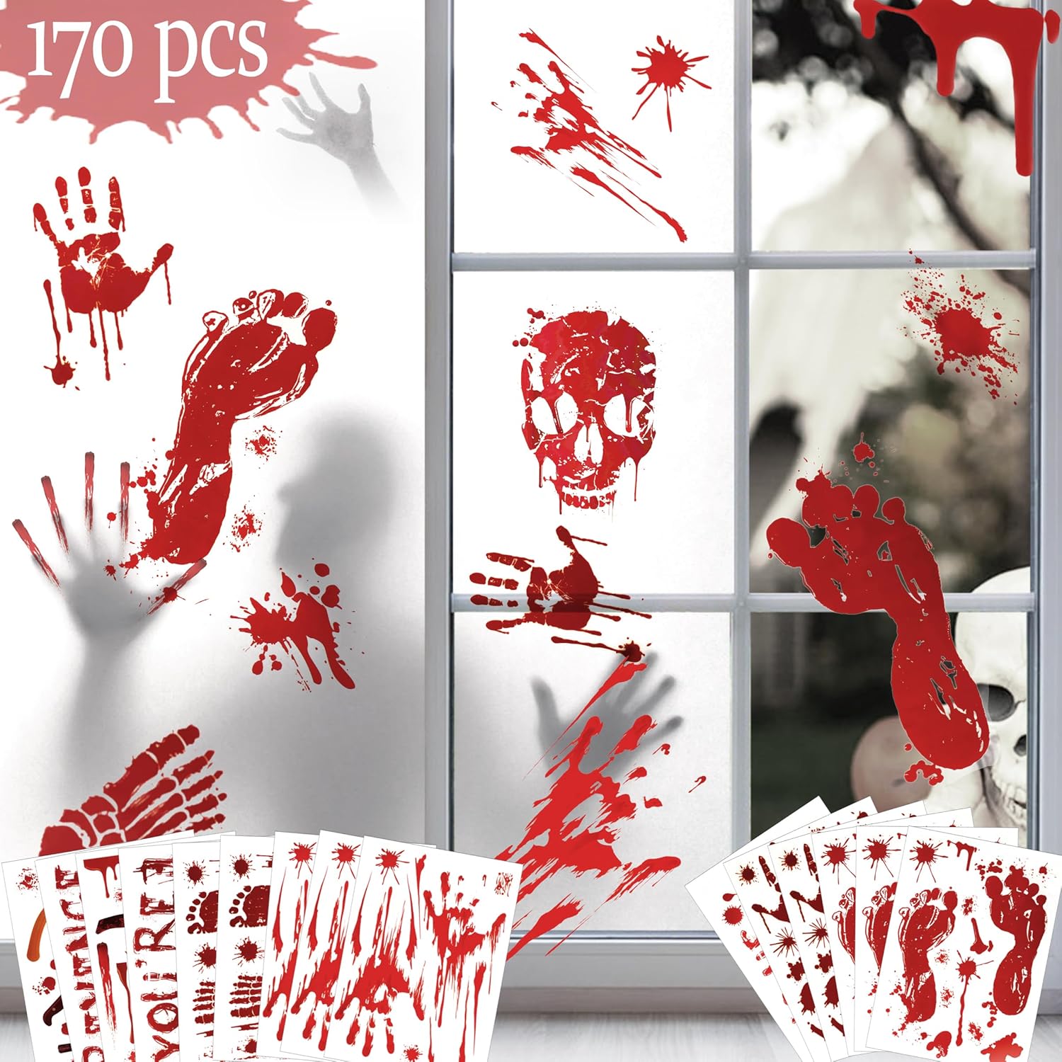 Window Treatments - Halloween Decorations 170 PCS Halloween Window Clings, Bloody Handprint Footprint Halloween Wall Decal Floor Clings with Tattoo Stickers, Scary Halloween Decoration Window Stickers
