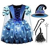 Spooktacular Creations Girls Light Up Witch Costume, Kids Witch Costume with Hat and Broom for Toddler Halloween Dress Party