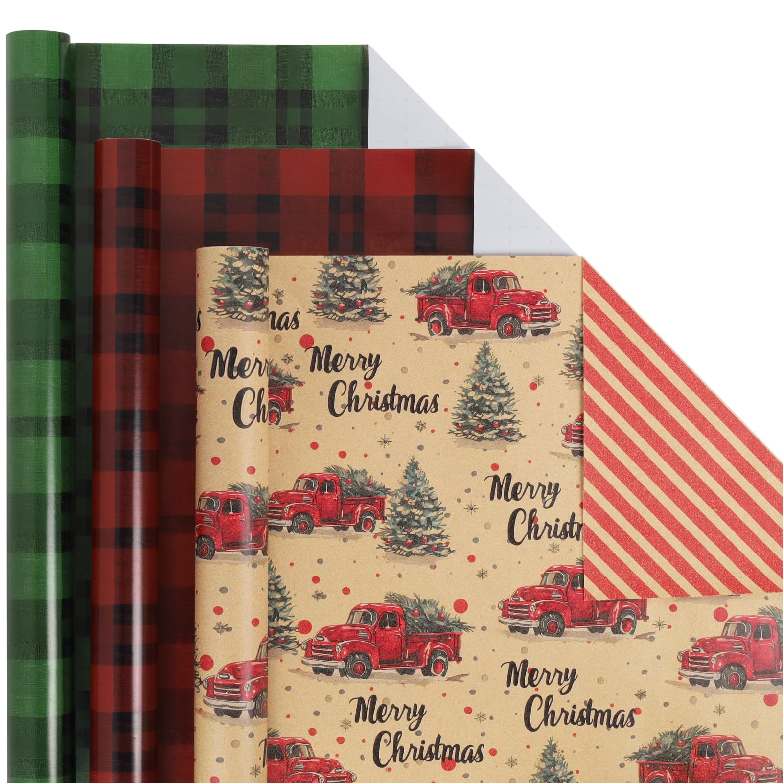 Photo 1 of **2 pack***BIOBROWN Christmas Wrapping Paper with Tags and Jute String - Mini Roll - 17 Inch X 10 Feet (3 Rolls: 42 sq. ft. ttl.) - Trucks and Buffalo Plaid Designs for Christmas, Holiday, Xmas