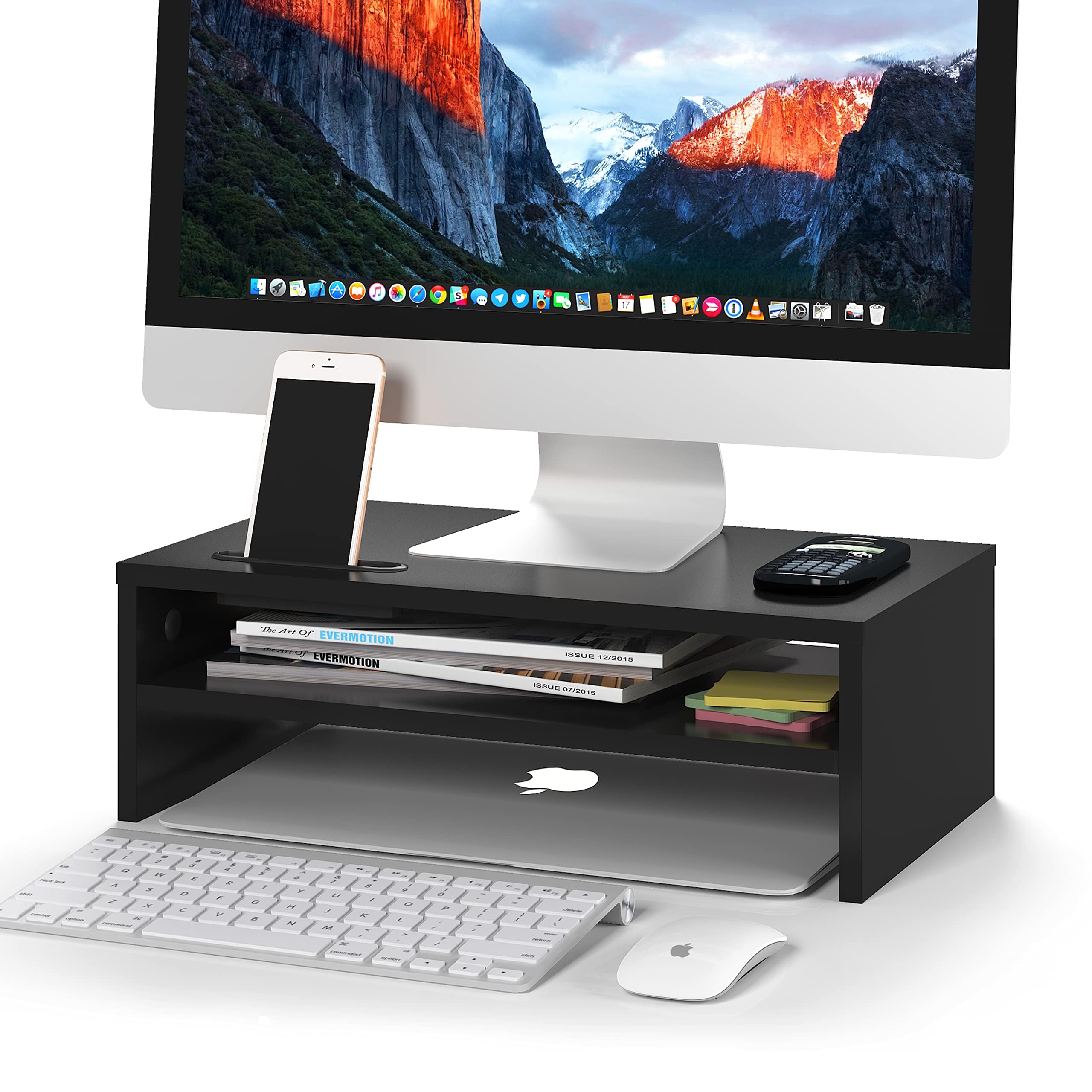 Photo 1 of BONTEC Wooden Monitor Stand Riser, 2-Tier Desk Shelf with Storage Organizer, Ergonomic Computer Stand with Cable Management, Cellphone Holder, Black, 16.5 Inch