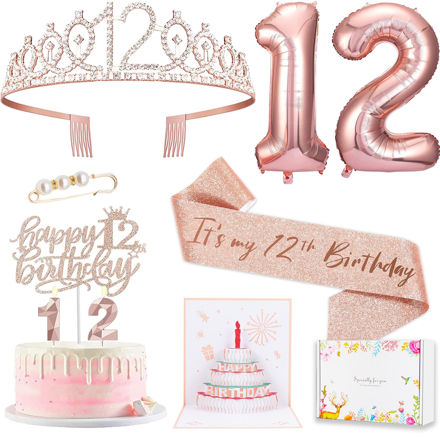 Photo 1 of 12th Birthday Decorations for Girls, Including 12 year old Cake Topper, Birthday Queen Sash with Pearl Pin, Sweet Rhinestone Tiara Crown, Number Candles and Balloons Set, Rose Gold