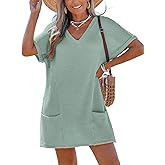 CUPSHE Swimsuit Coverup for Women Waffle Knit V Neck Short Sleeve Beach Coverup Dress with Pockets