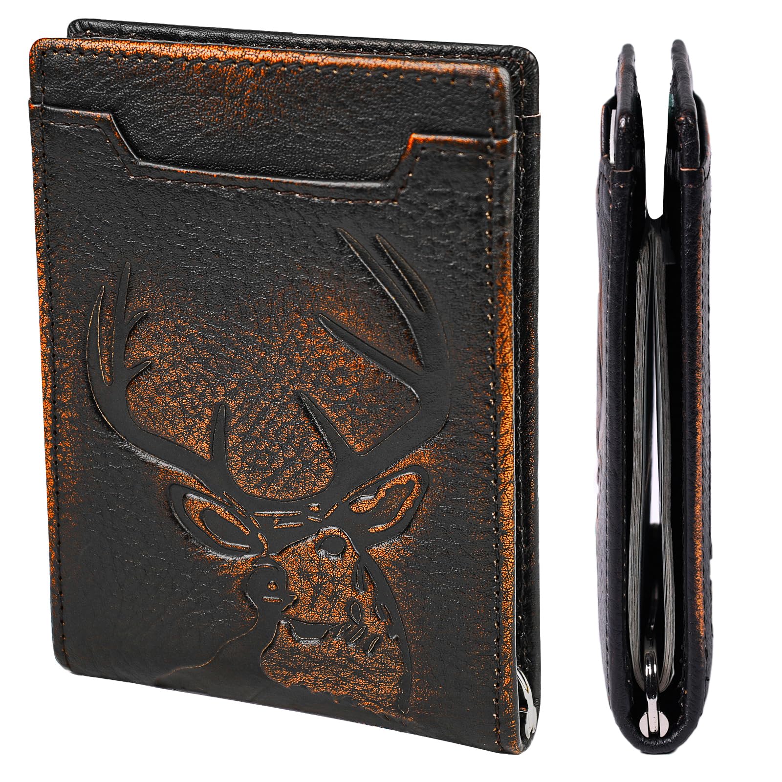 Photo 1 of DK86 Mens Deer Slim Wallet with Money Clip Minimalist Bifold Front Pocket wallet for Men RFID Blocking Full Grain Leather with Hand Burnished